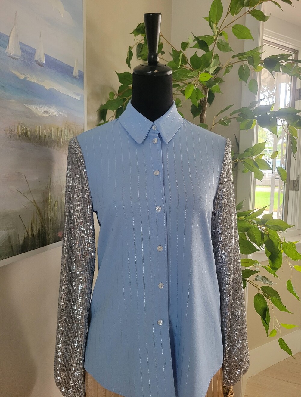 NaNa Light Blue Button-Down Shirt with Silver Sequin Sleeves